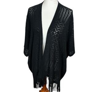 Riah Fashion Black Knit Fringe Shawl One Size